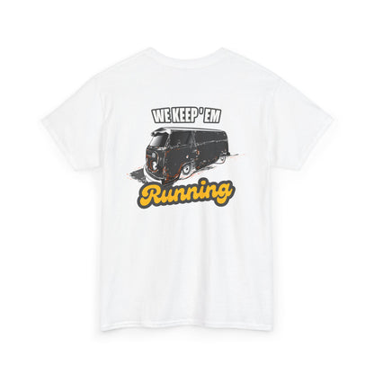 We Keep 'em Running VW Bus backprint T-shirt - Gift for retro car lovers white