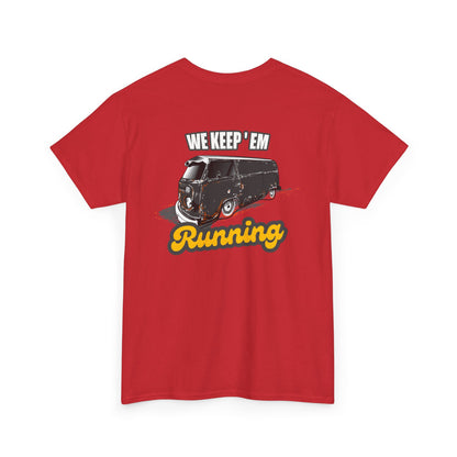 We Keep 'em Running VW Bus backprint T-shirt - Gift for retro car lovers red