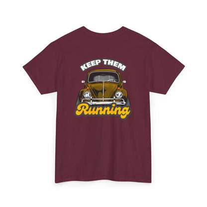  Keep Them Running VW Beetle backprint T-shirt - Gift for retro car lovers dark red