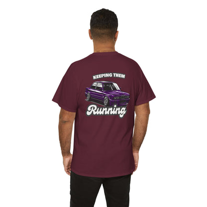 E30 Keeping Them Running T-shirt - Perfect for BMW fans burgundy