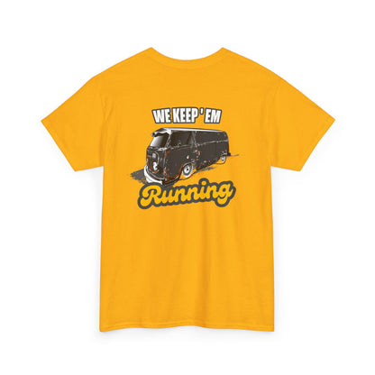 We Keep 'em Running VW Bus backprint T-shirt - Gift for retro car lovers yellow