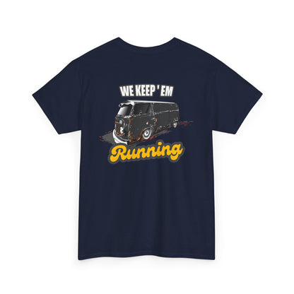 We Keep 'em Running VW Bus backprint T-shirt - Gift for retro car lovers navy