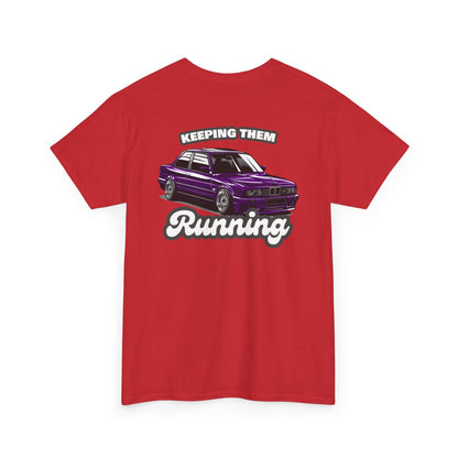 E30 Keeping Them Running T-shirt with backprint - Car enthusiast apparel red