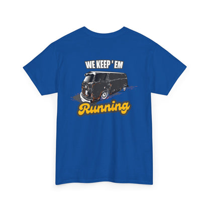 We Keep 'em Running VW Bus backprint T-shirt - Gift for retro car lovers blue