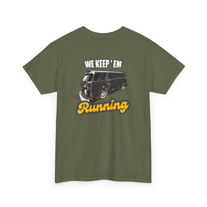 We Keep 'em Running VW Bus backprint T-shirt - Gift for retro car lovers green