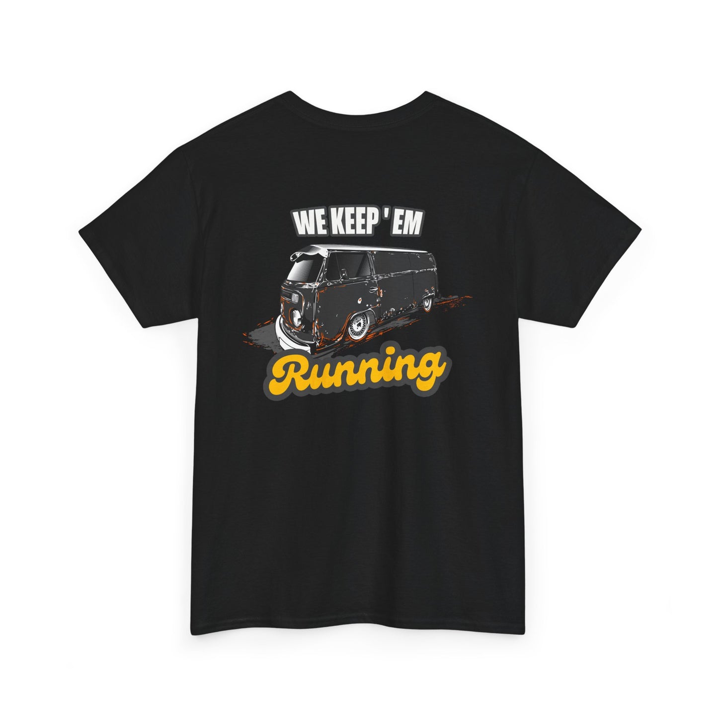 We Keep 'em Running VW Bus backprint T-shirt - Gift for retro car lovers dark grey