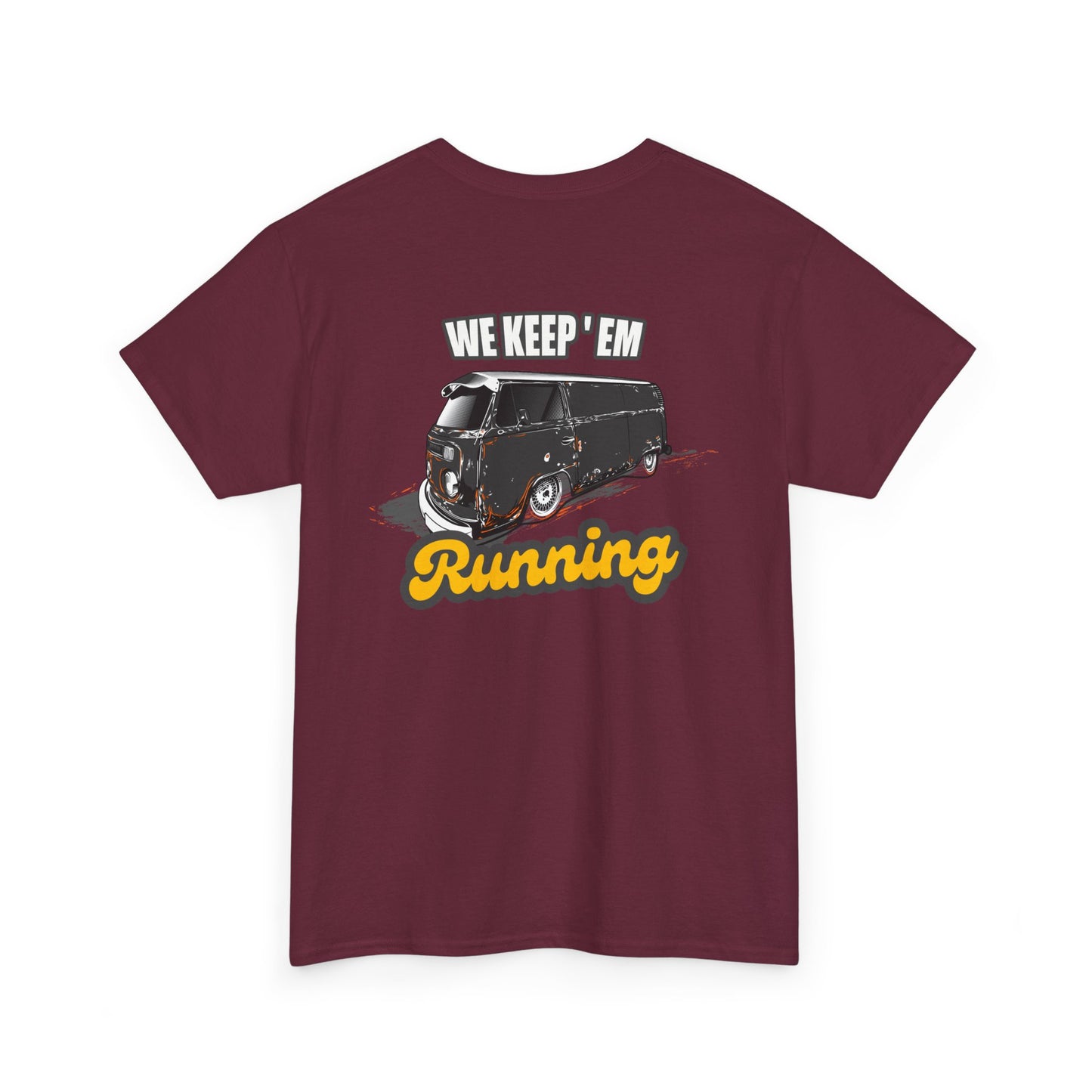 We Keep 'em Running VW Bus backprint T-shirt - Gift for retro car lovers dark red