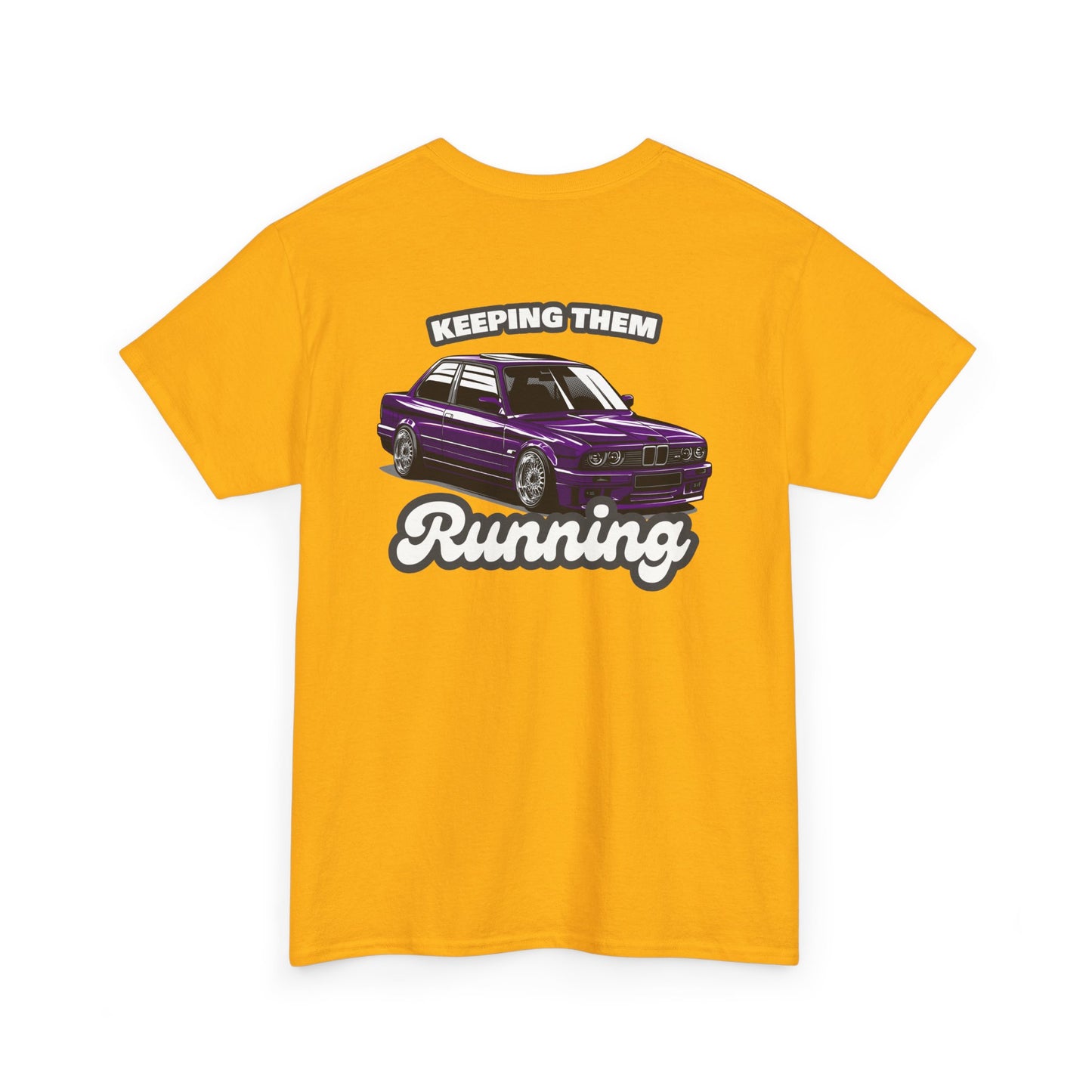 E30 Keeping Them Running T-shirt with backprint - Car enthusiast apparel yellow